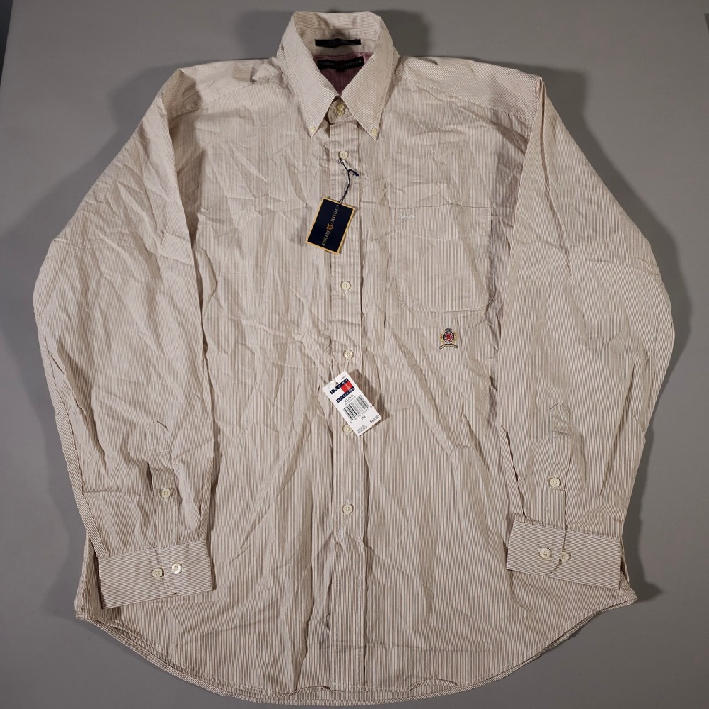 Tommy Hilfiger Button Down Shirt Mens XL Tan Pinstripe Crest Logo NWT M8050